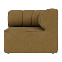 Brown upholstered chair with a textured, minimalist design and curved backrest.
