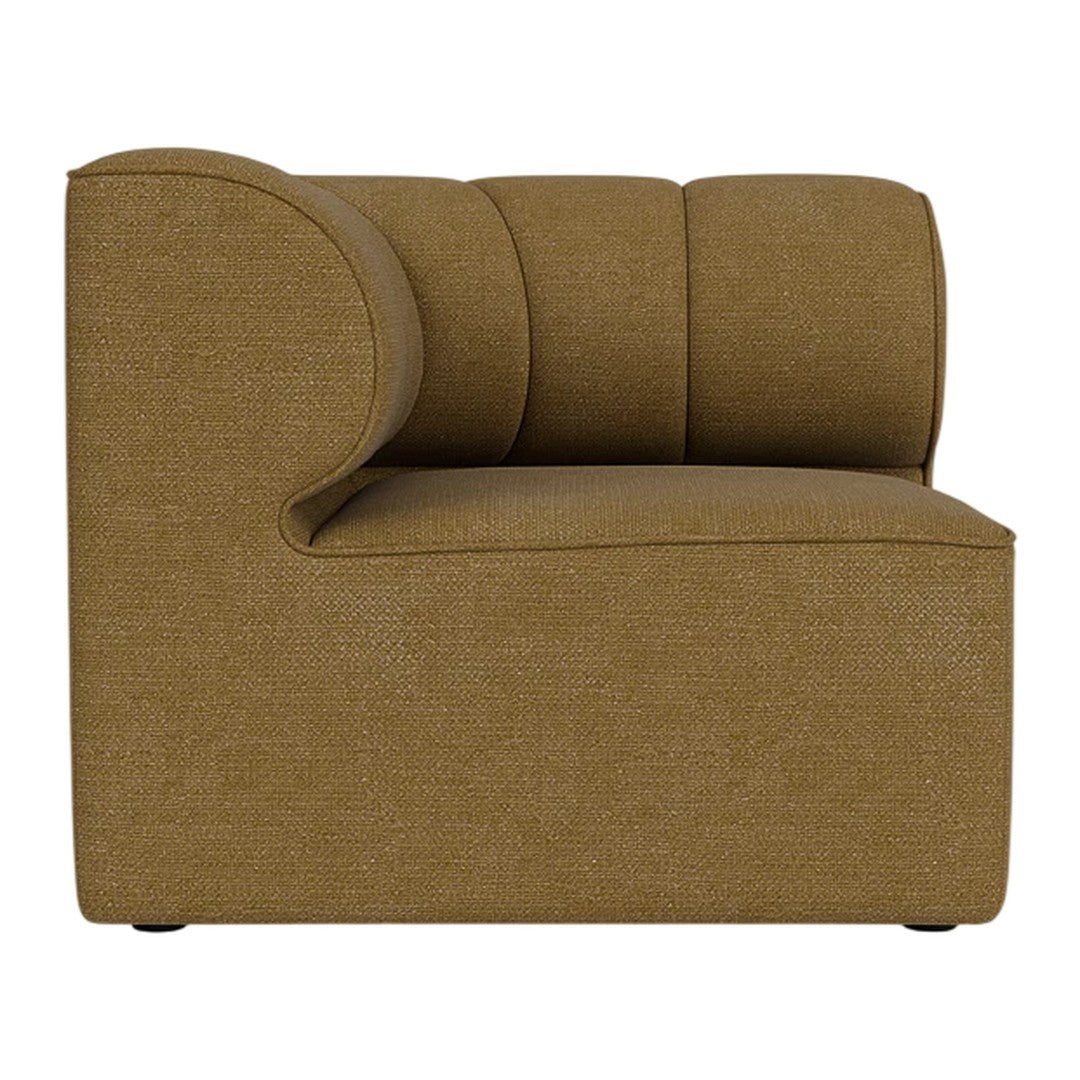 "Modern brown upholstered corner chair with a textured fabric and curved backrest design."