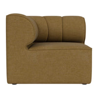 "Modern brown upholstered corner chair with a textured fabric and curved backrest design."