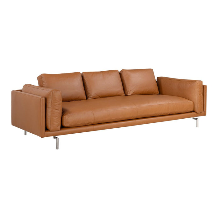 Sleek, modern sofa in rich caramel leather with smooth, minimalist lines and silver metal legs. Perfect for contemporary decor.