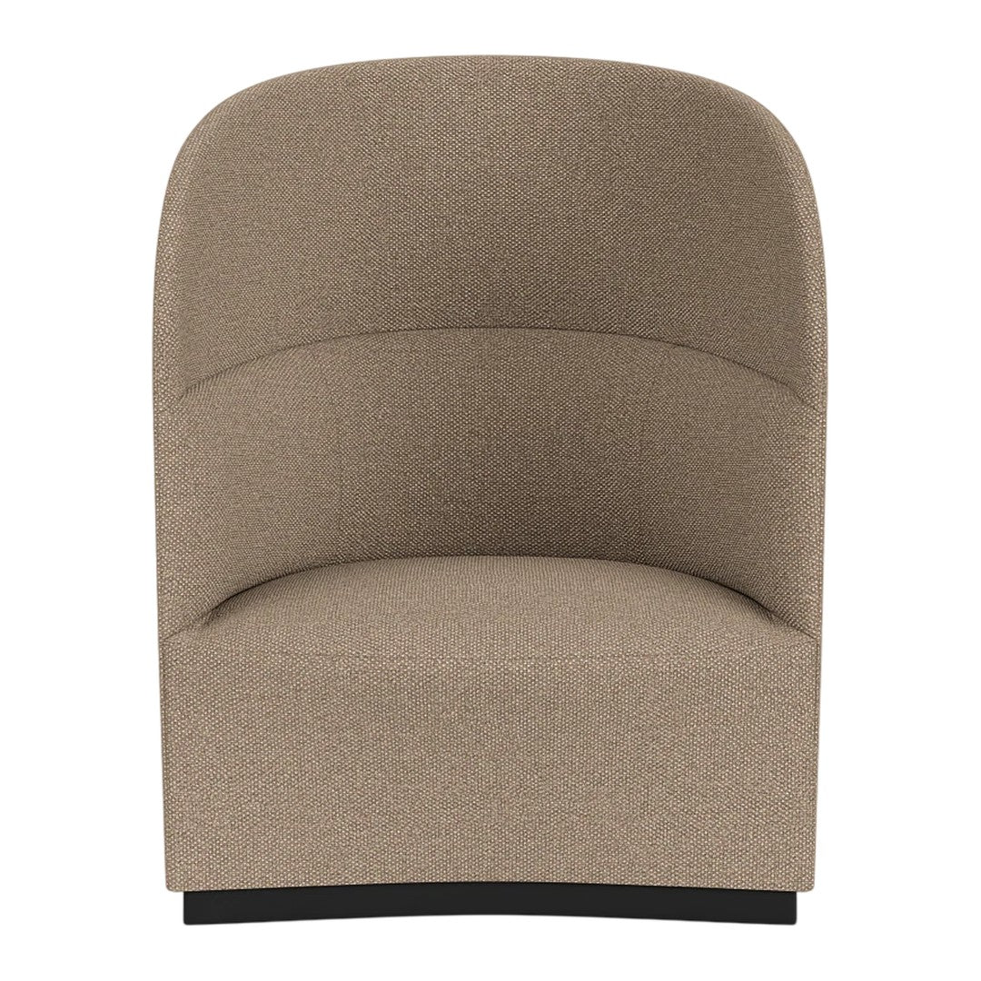 Beige upholstered chair with a curved back and smooth texture, resting on a sleek black base.