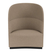 Beige upholstered chair with a curved back and smooth texture, resting on a sleek black base.