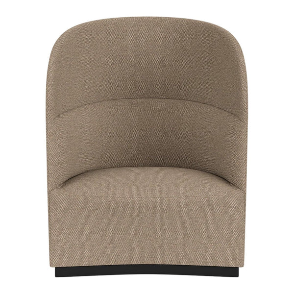 Beige upholstered chair with a curved back and smooth texture, resting on a sleek black base.