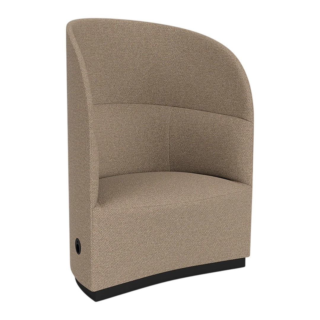 Curved beige accent chair with a textured fabric and sleek black base, perfect for modern decor.