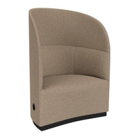 Curved beige accent chair with a textured fabric and sleek black base, perfect for modern decor.