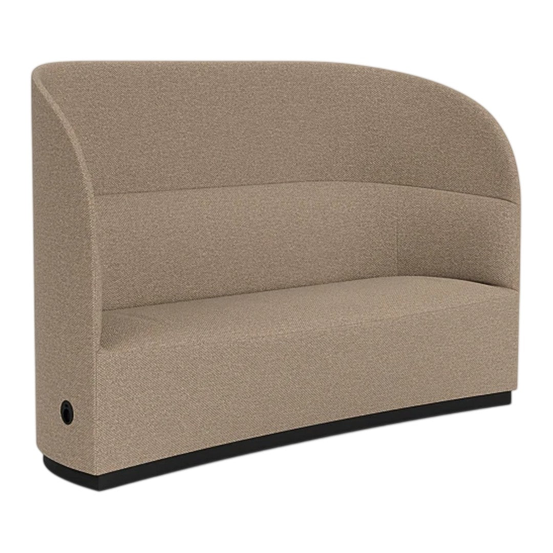 Curved beige upholstery with a subtle texture, featuring a sleek black base for modern accentuation.