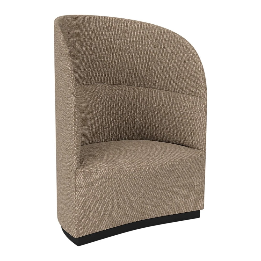 Curved accent chair in soft beige fabric with subtle texture, featuring a sleek black base.