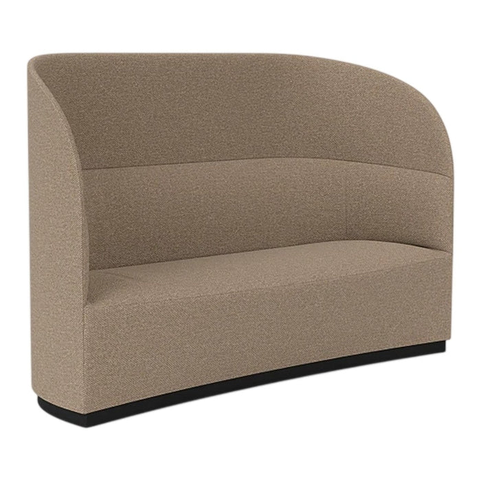 Curved sofa in a soft taupe fabric with a smooth, minimalist pattern and a sleek black base.
