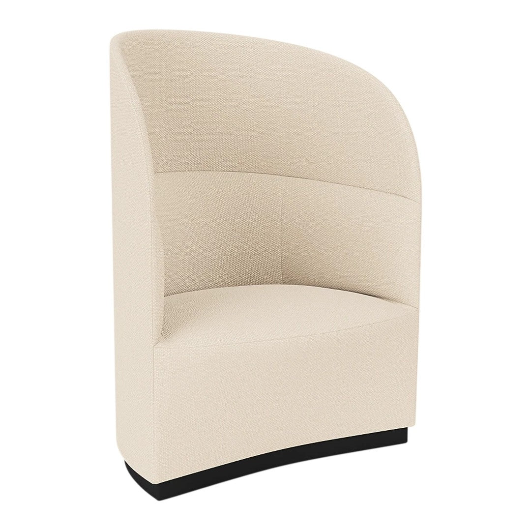 Beige upholstered chair with a curved back, featuring a clean, modern design and a sleek black base.
