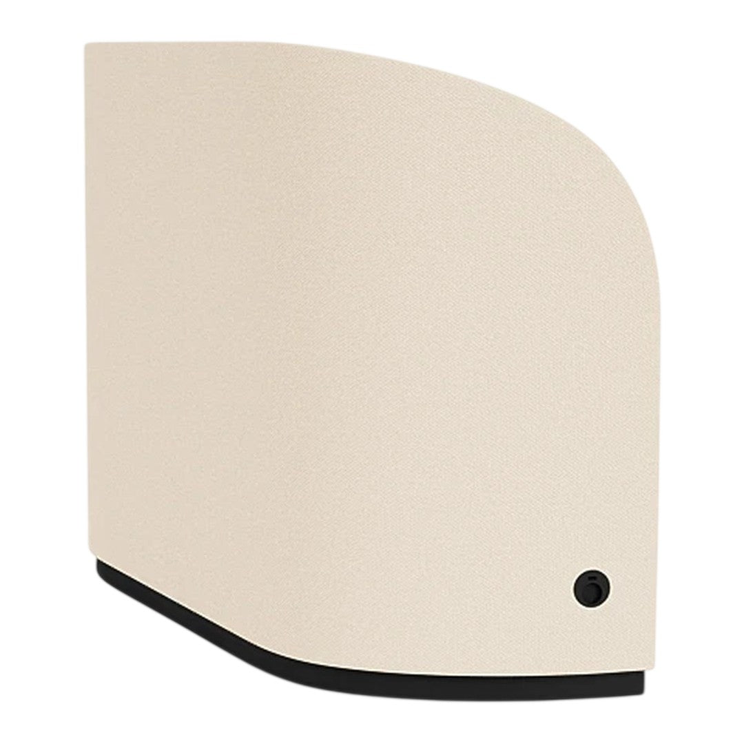 Beige textured surface with a sleek black base, featuring a smooth, curved design. Ideal for modern decor.