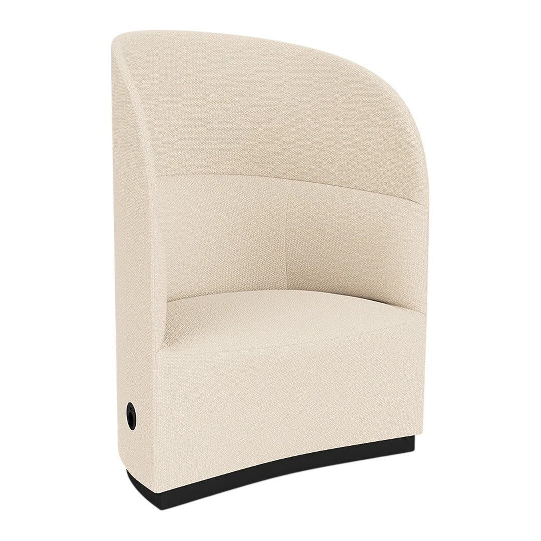Beige upholstered chair with a curved design, featuring a textured surface and a sleek black base.