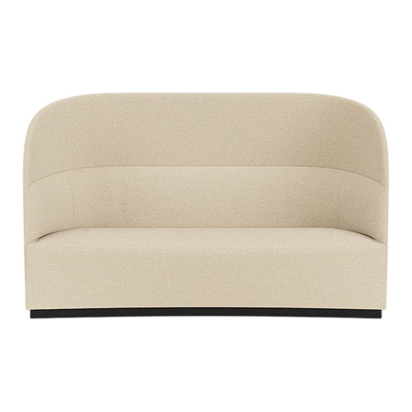 Beige curved sofa with smooth fabric texture and a modern black base, perfect for stylish interiors.