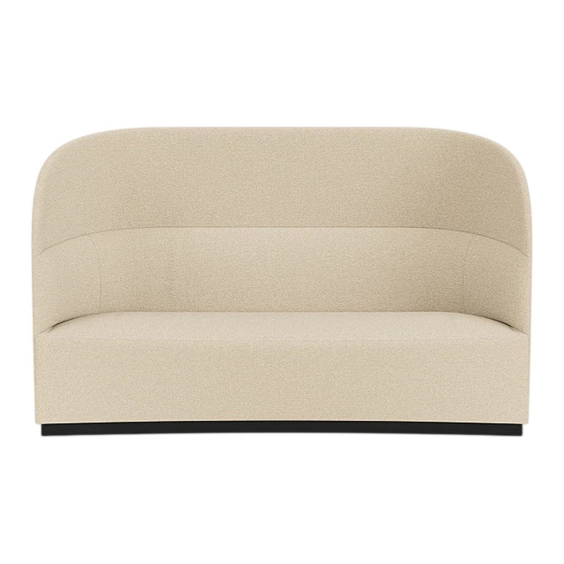 Beige curved sofa with smooth fabric texture and a modern black base, perfect for stylish interiors.