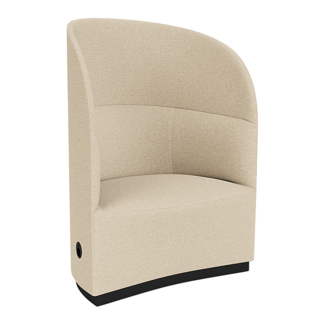 Beige upholstered chair with a smooth, curved design and black base. Perfect for modern interiors.
