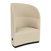 Beige upholstered chair with a smooth, curved design and black base. Perfect for modern interiors.