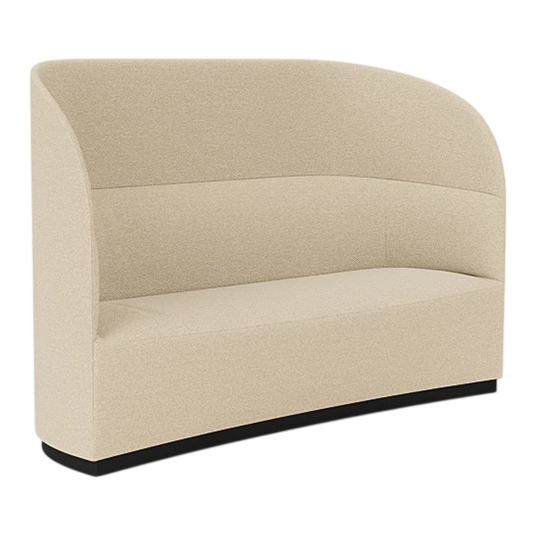 Beige curved sofa with a smooth, textured fabric and a sleek black base, perfect for modern interiors.