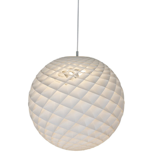 White pendant lamp with a quilted pattern, featuring a round shape and soft, diffused illumination.