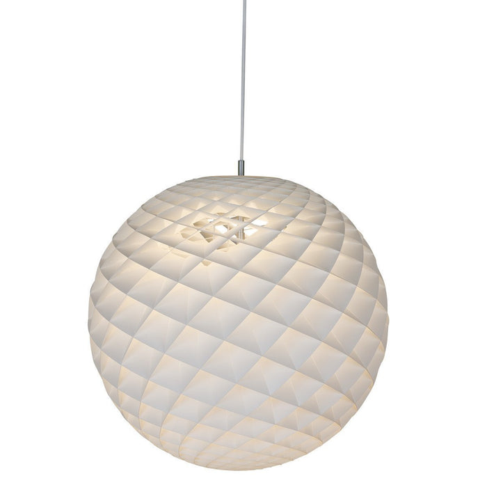 White pendant lamp with a quilted pattern, featuring a round shape and soft, diffused illumination.