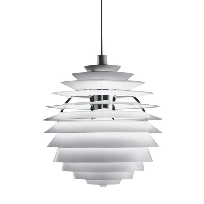 Sleek white pendant light with layered, scalloped design for a modern touch in any space.