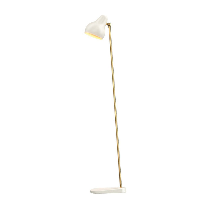Modern white floor lamp with a sleek, golden metal stand and minimalist design. Perfect for any contemporary space.