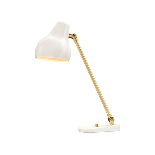 White lamp with a sleek design, featuring a gold metallic arm and base for a modern, elegant touch.