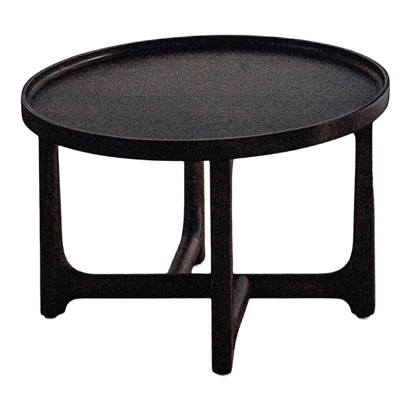 Black round coffee table with a smooth surface and simple, modern design. Dark wood legs enhance its contemporary style.