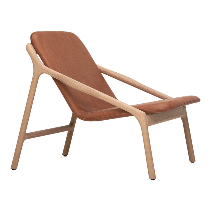 Modern lounge chair with a warm brown leather seat and natural wood frame, featuring a sleek, minimalist design.