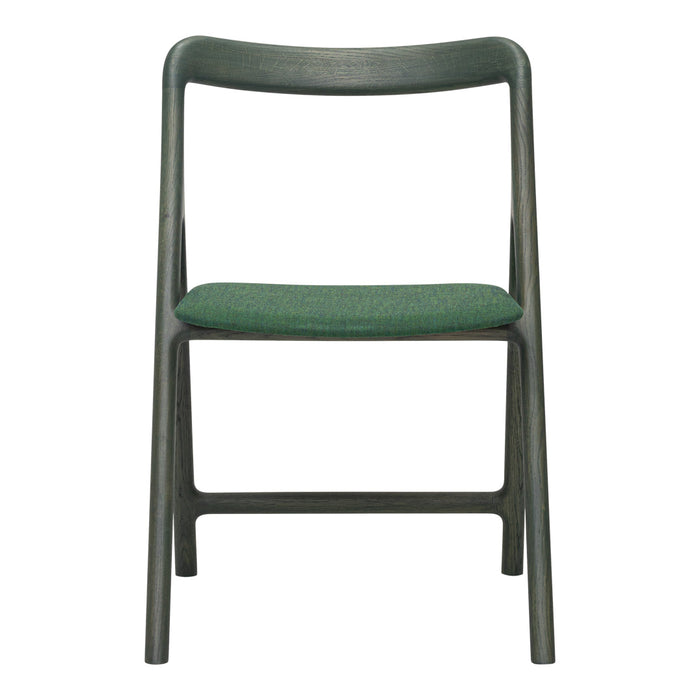 Green upholstered chair with a sleek dark wooden frame, showcasing a minimalist design and textured fabric pattern.