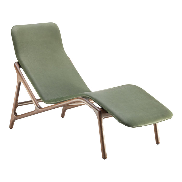 Green upholstered lounge chair with a minimalist design and wooden frame, featuring smooth lines and modern style.