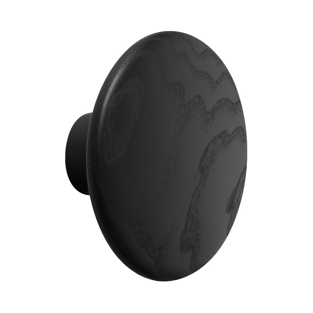 Black round knob with a smooth, matte finish and subtle marbled pattern. Ideal for modern decor.