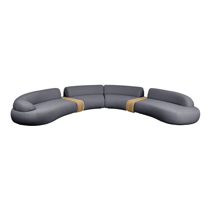 Curved gray sectional sofa with a smooth fabric finish and natural wood accents, perfect for modern interiors.