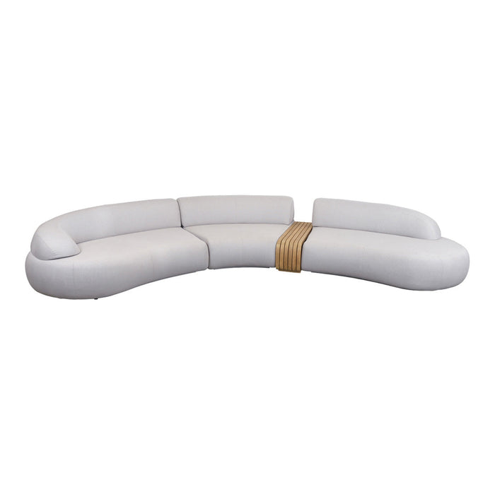 Curved white sectional sofa with smooth upholstery and a natural wooden accent in the center. Modern and minimalistic design.
