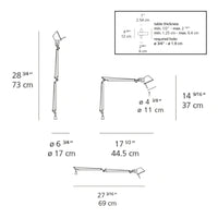 "Technical drawing of a sleek gray desk lamp with adjustable arms and a modern, minimalist design."
