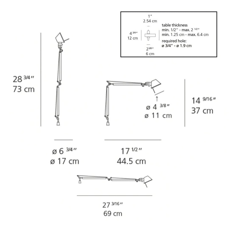 "Technical drawing of a sleek gray desk lamp with adjustable arms and a modern, minimalist design."