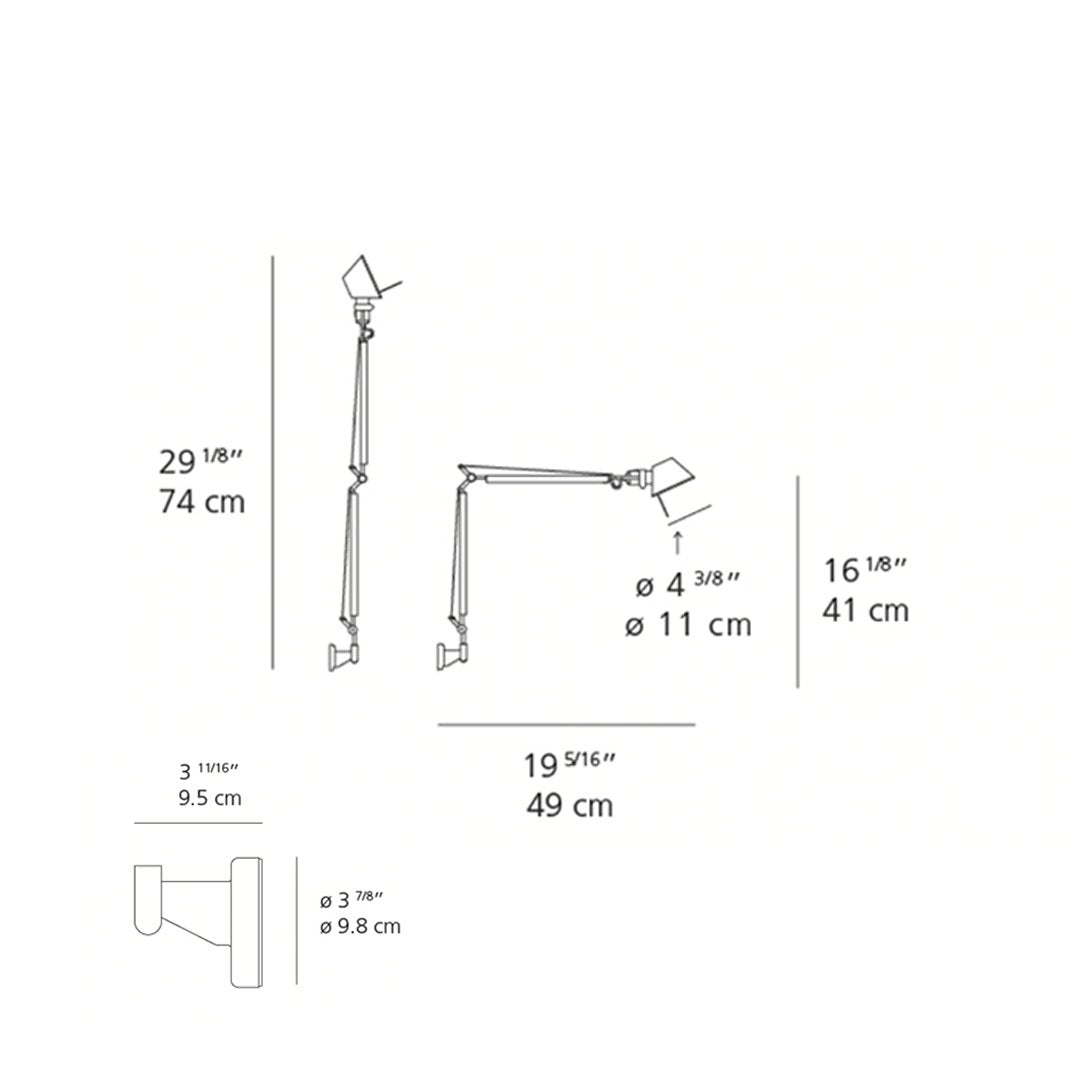 "Diagram of an adjustable desk lamp in sleek black and white, showcasing modern design with precise measurements."