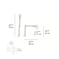 "Diagram of an adjustable desk lamp in sleek black and white, showcasing modern design with precise measurements."