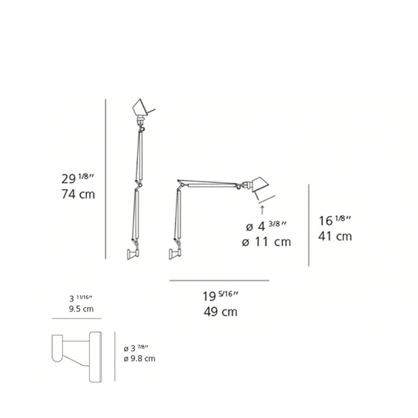 "Diagram of an adjustable desk lamp in sleek black and white, showcasing modern design with precise measurements."