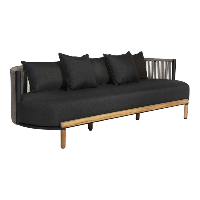 Sleek black sofa with four matching cushions and a natural wood base, featuring minimalist design and contemporary patterns.