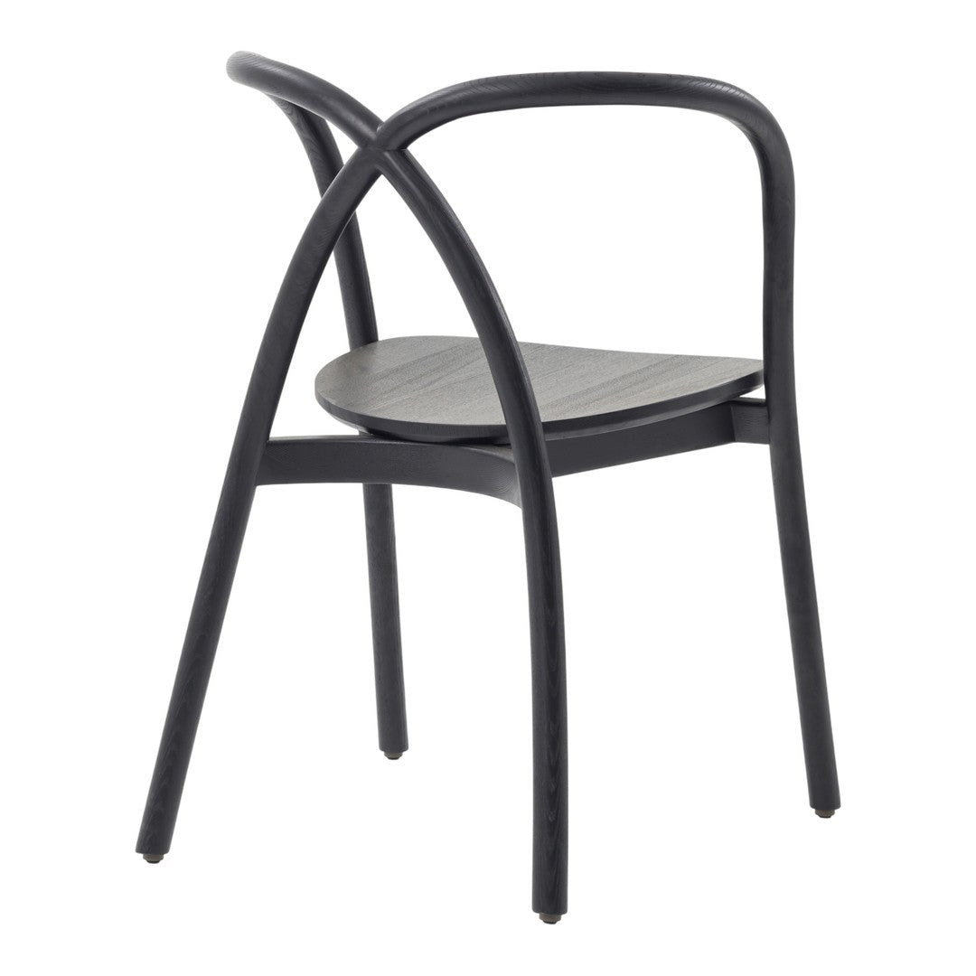 Black curved metal chair with a smooth gray seat, showcasing a minimalist design and sleek modern lines.