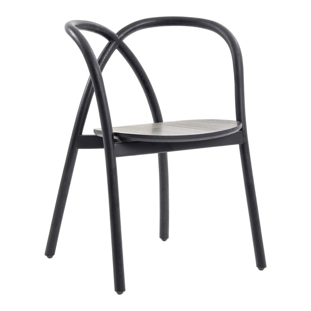 Black minimalist chair with curved arms and a simple wooden seat, showcasing a sleek and modern design.