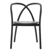 Black wooden chair with a minimalist design and curved backrest, featuring a natural wood seat.