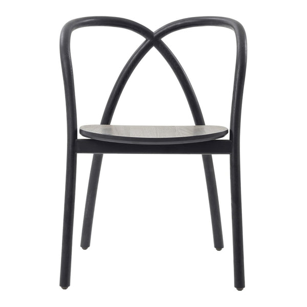 Black wooden chair with a minimalist design and curved backrest, featuring a natural wood seat.