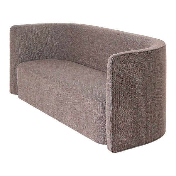 Curved sofa in a soft, textured gray fabric with subtle patterned details, ideal for modern decor.