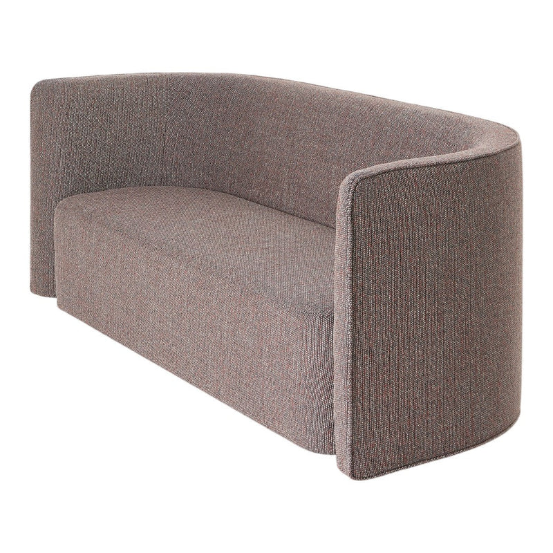 Curved sofa in a soft, textured gray fabric with subtle patterned details, ideal for modern decor.