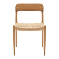 Wooden chair with a natural finish, featuring a woven beige seat and minimalist design. Perfect for modern decor.