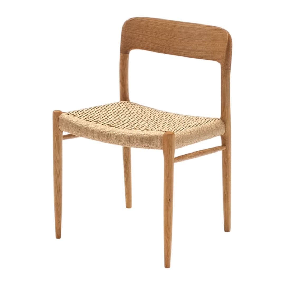 Natural wood chair with a light oak finish and a woven beige seat, showcasing a minimalist design.