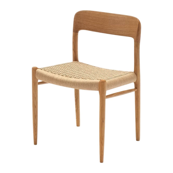 Natural wood chair with a light oak finish and a woven beige seat, showcasing a minimalist design.