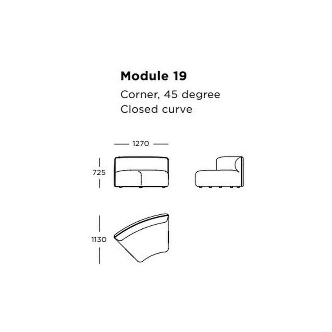 Diagram of Module 19 corner sofa, featuring sleek lines in a modern design, no colors or patterns visible.