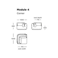 "Corner module in soft gray fabric with minimalist outline and sleek modern design."