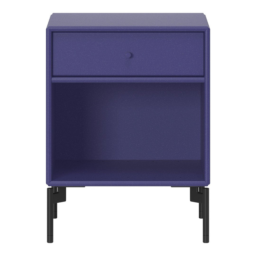 Purple nightstand with a textured finish and sleek black legs, featuring a minimalist design and single drawer.
